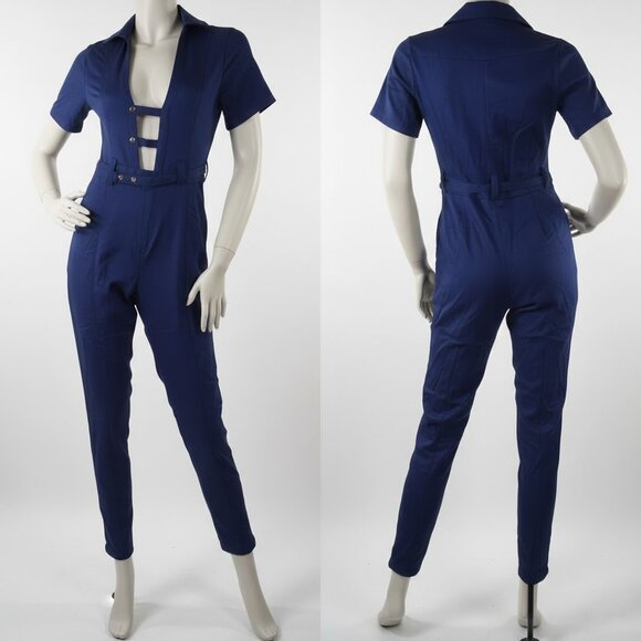 New Dark Lightweight Denim Jean Keyhole Plunge Jumpsuit Romper S, M, L - Picture 4 of 5